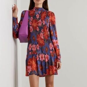 FARM RIO Smocked floral-print twill mini dress